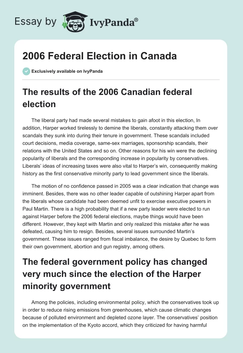 2006 Federal Election in Canada. Page 1