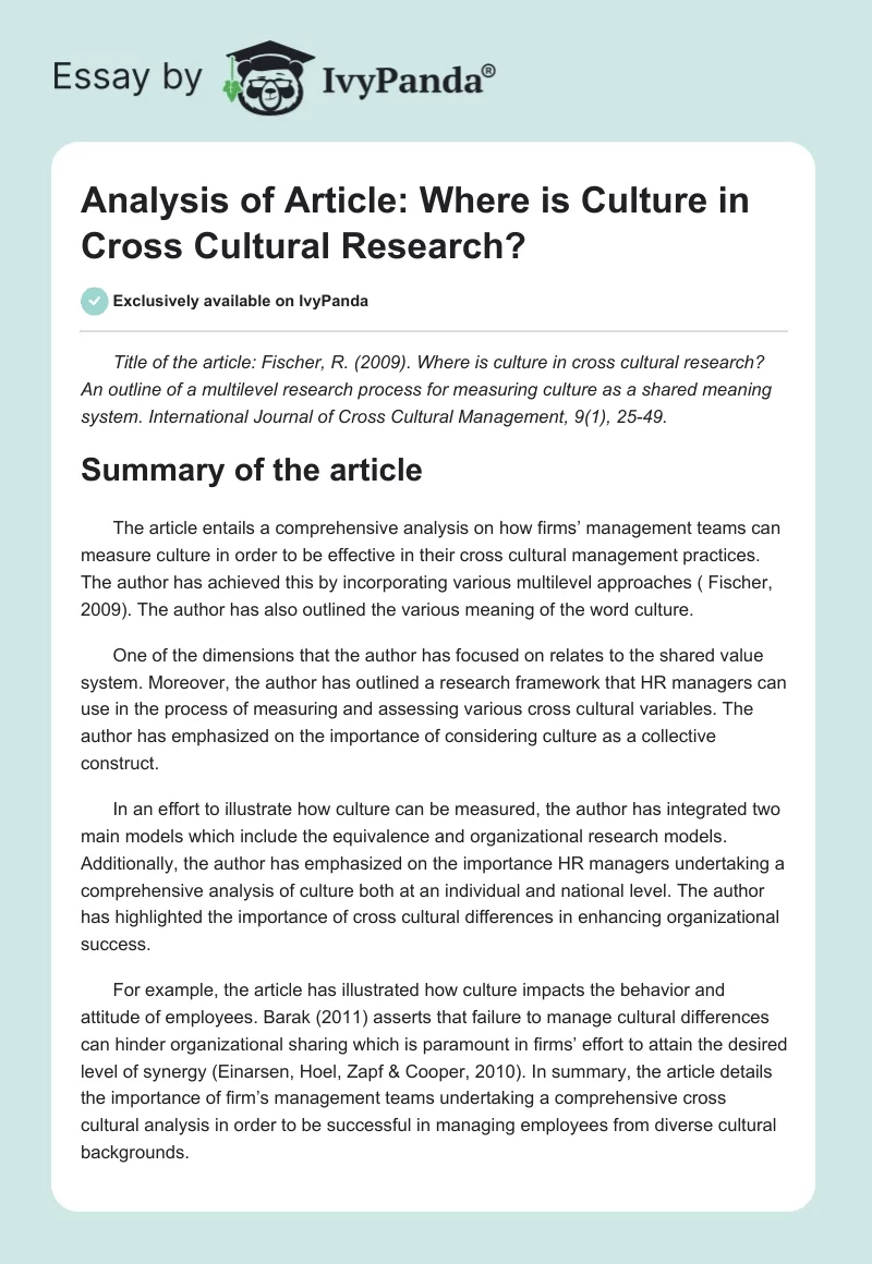 Analysis of Article: "Where Is Culture in Cross Cultural Research?". Page 1