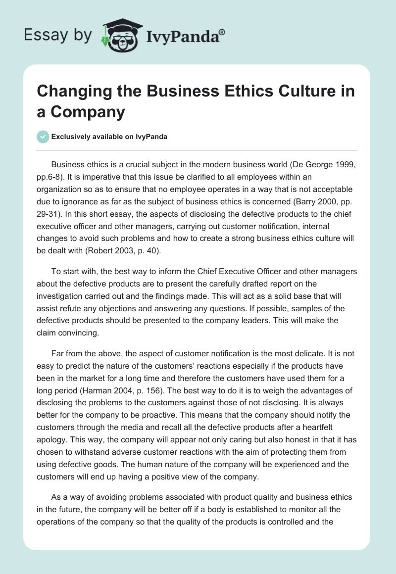 Changing the Business Ethics Culture in a Company. Page 1