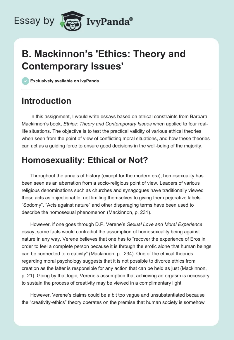 B. Mackinnon’s 'Ethics: Theory and Contemporary Issues'. Page 1
