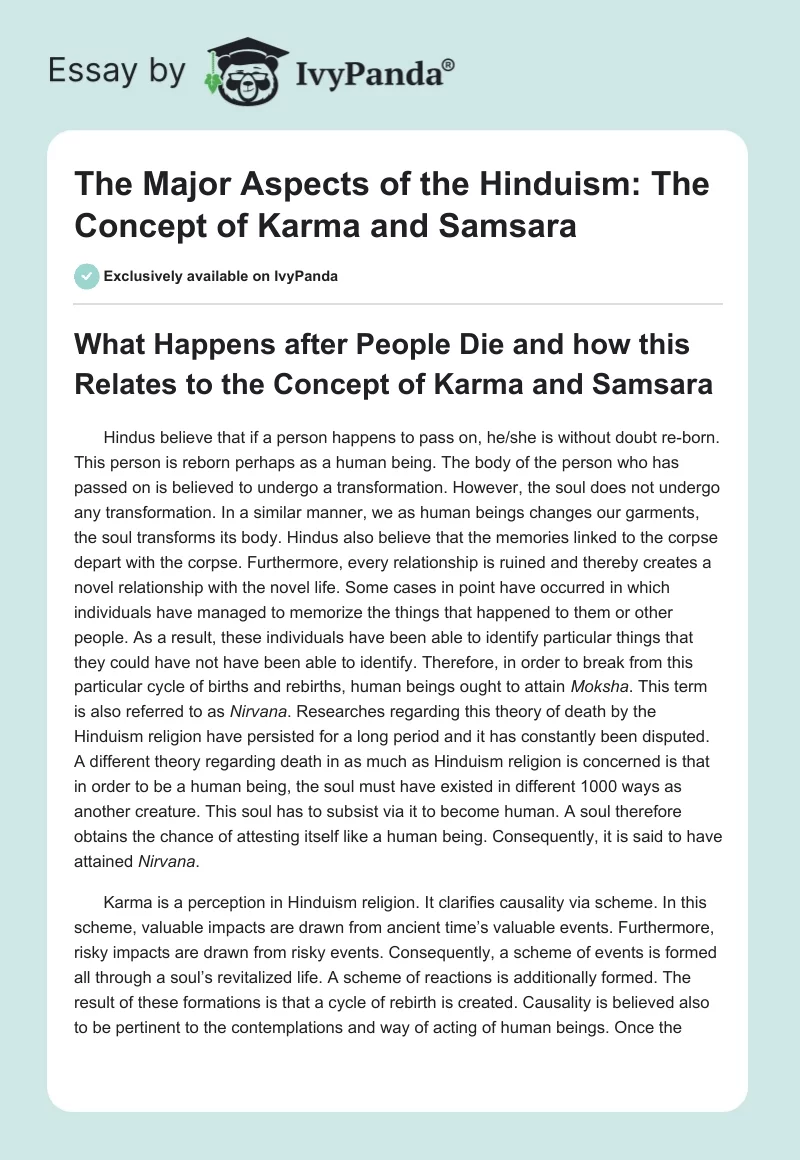 The Major Aspects of the Hinduism: The Concept of Karma and Samsara. Page 1