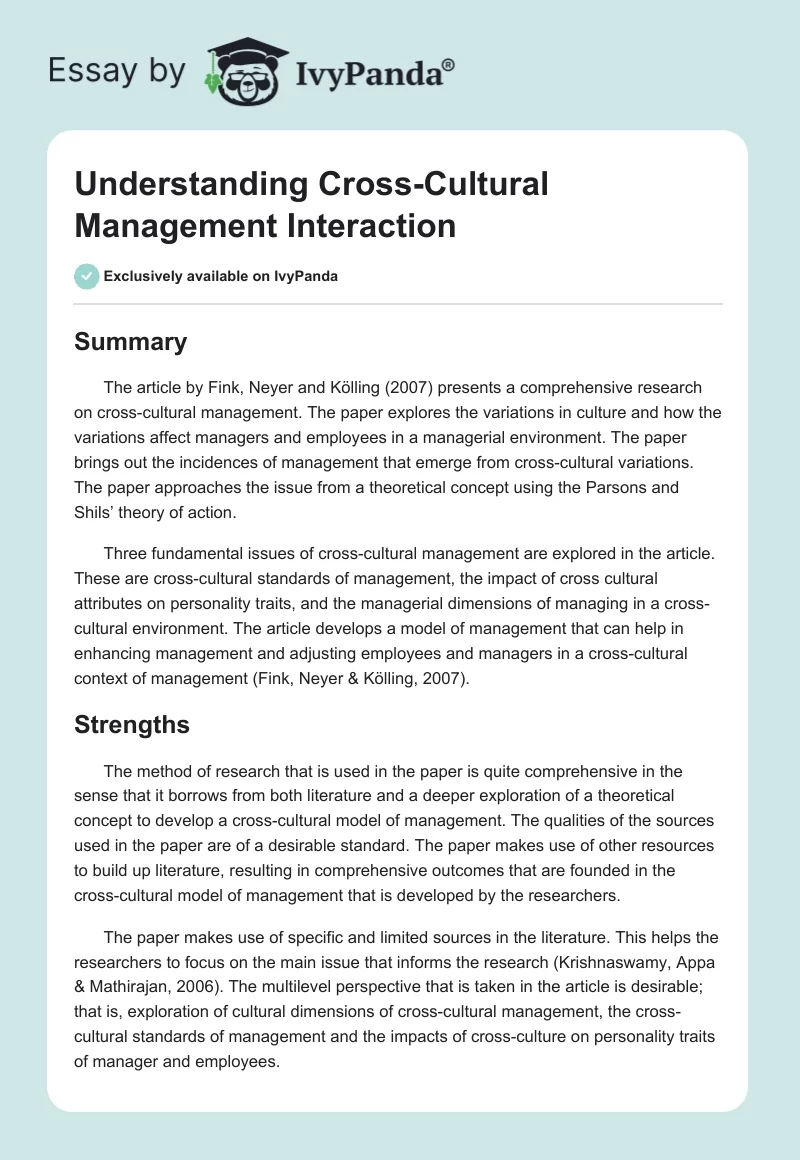 Understanding Cross-Cultural Management Interaction. Page 1
