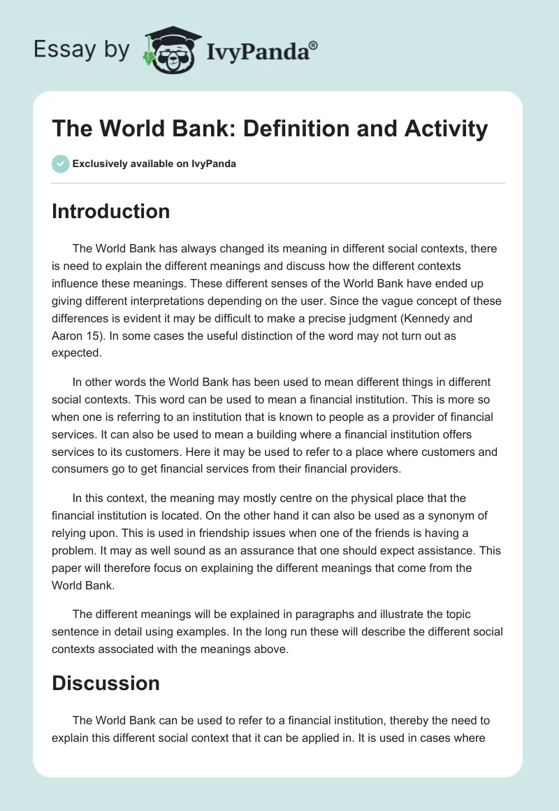 The World Bank: Definition and Activity. Page 1