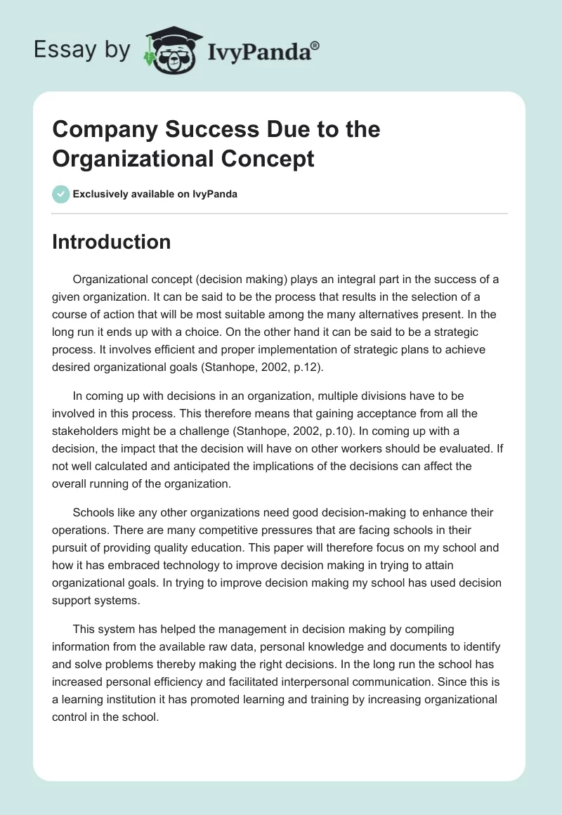 Company Success Due to the Organizational Concept. Page 1
