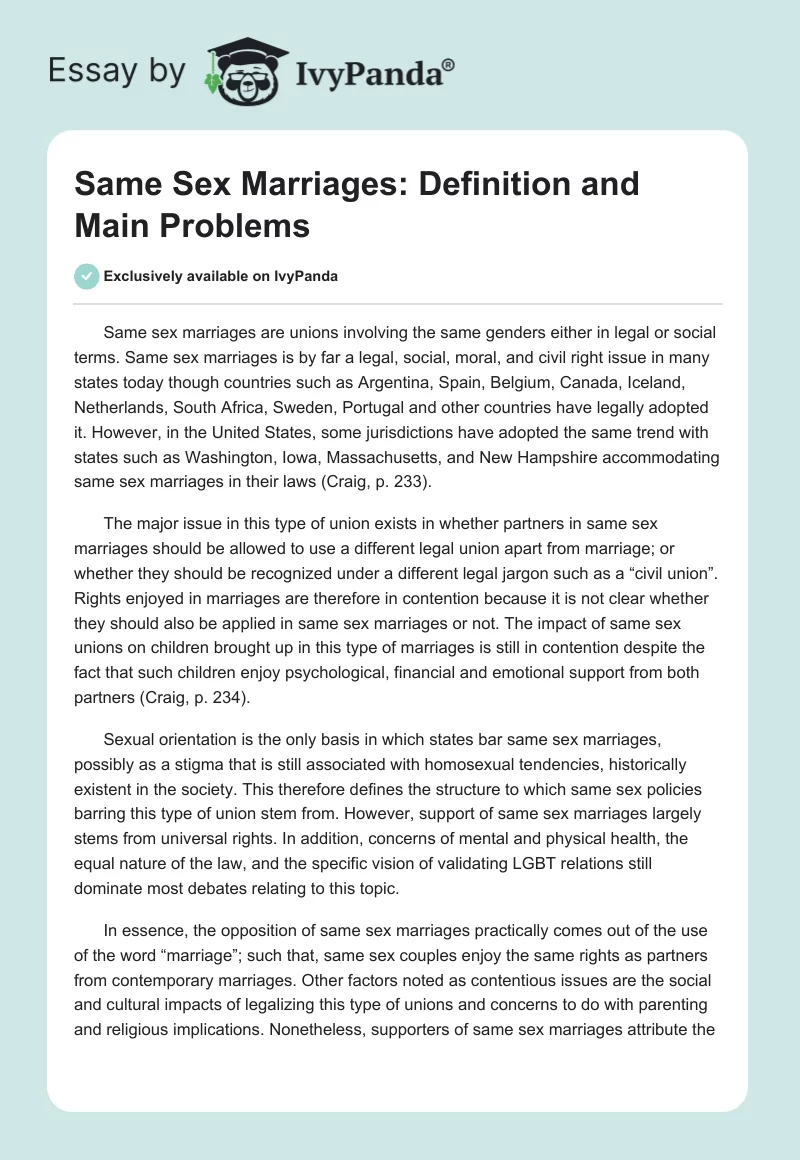 Same Sex Marriages: Definition and Main Problems. Page 1