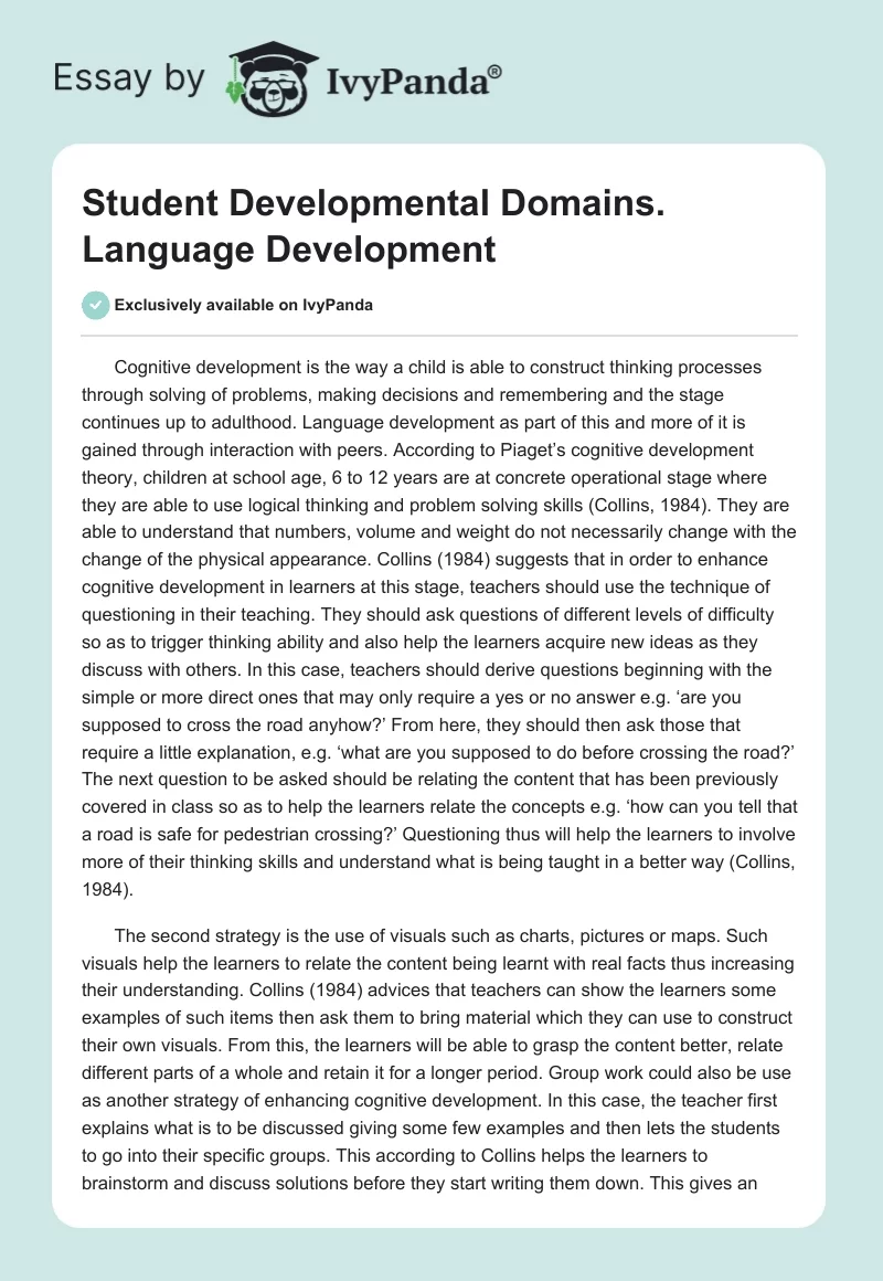 Student Developmental Domains. Language Development. Page 1