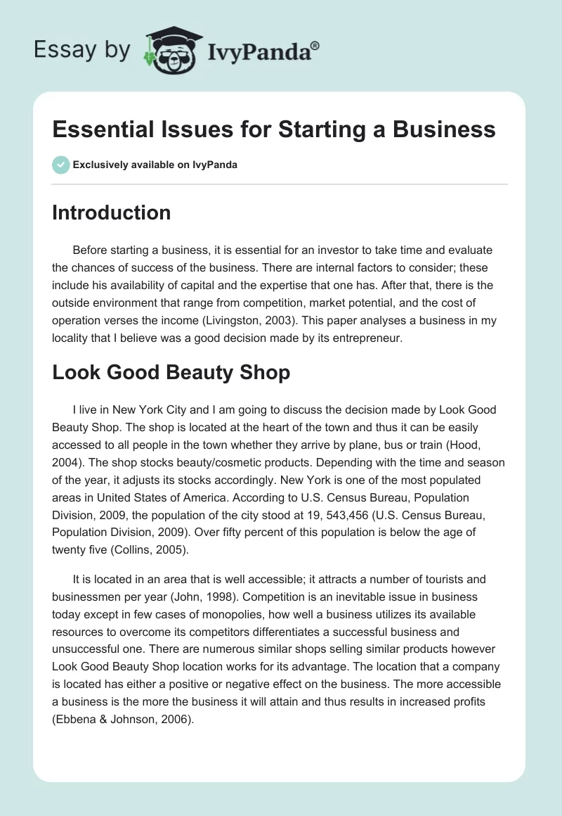 Essential Issues for Starting a Business. Page 1