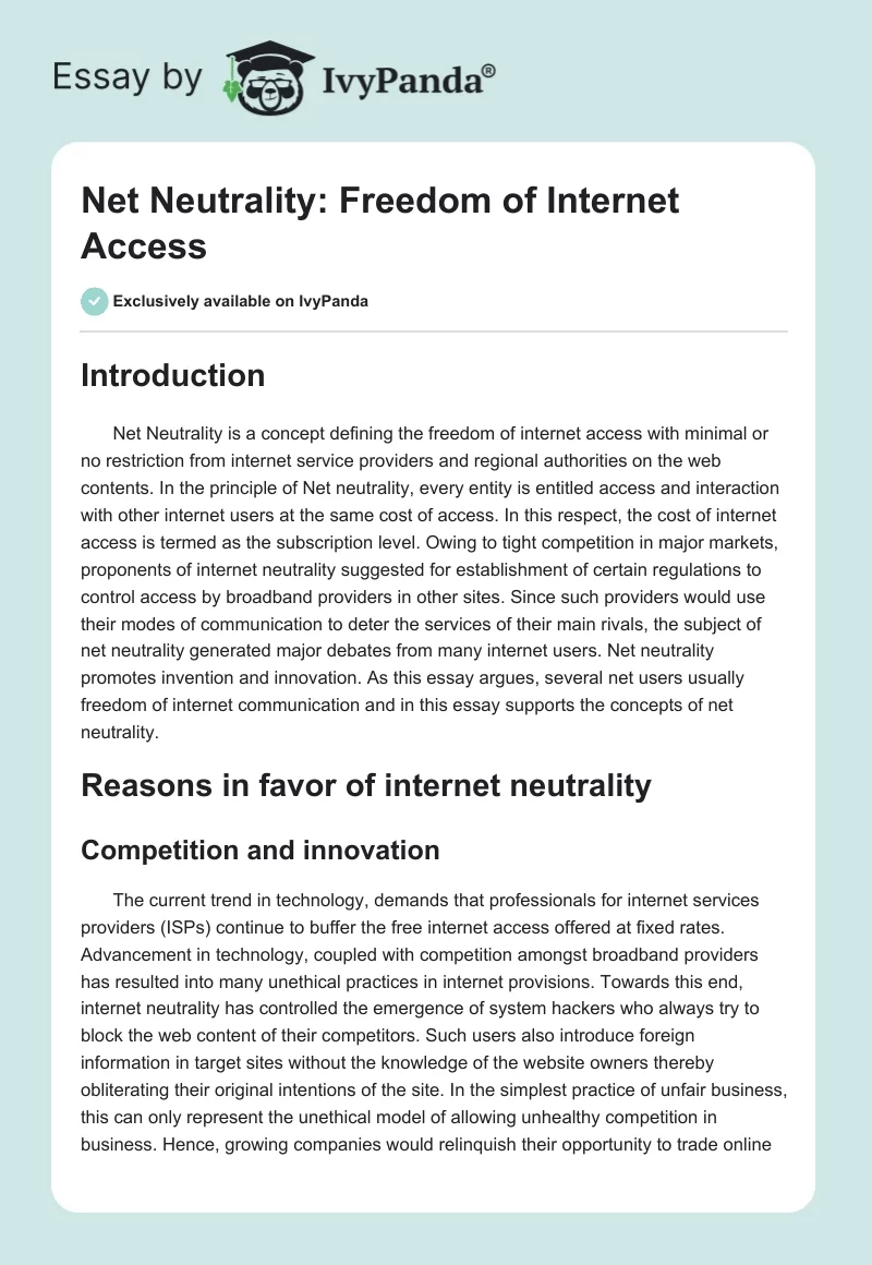 Net Neutrality: Freedom of Internet Access. Page 1