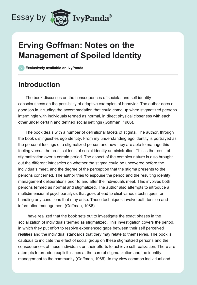 Erving Goffman: Notes on the Management of Spoiled Identity. Page 1