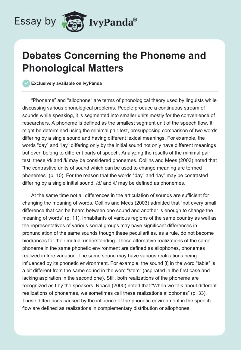 Debates Concerning the Phoneme and Phonological Matters. Page 1