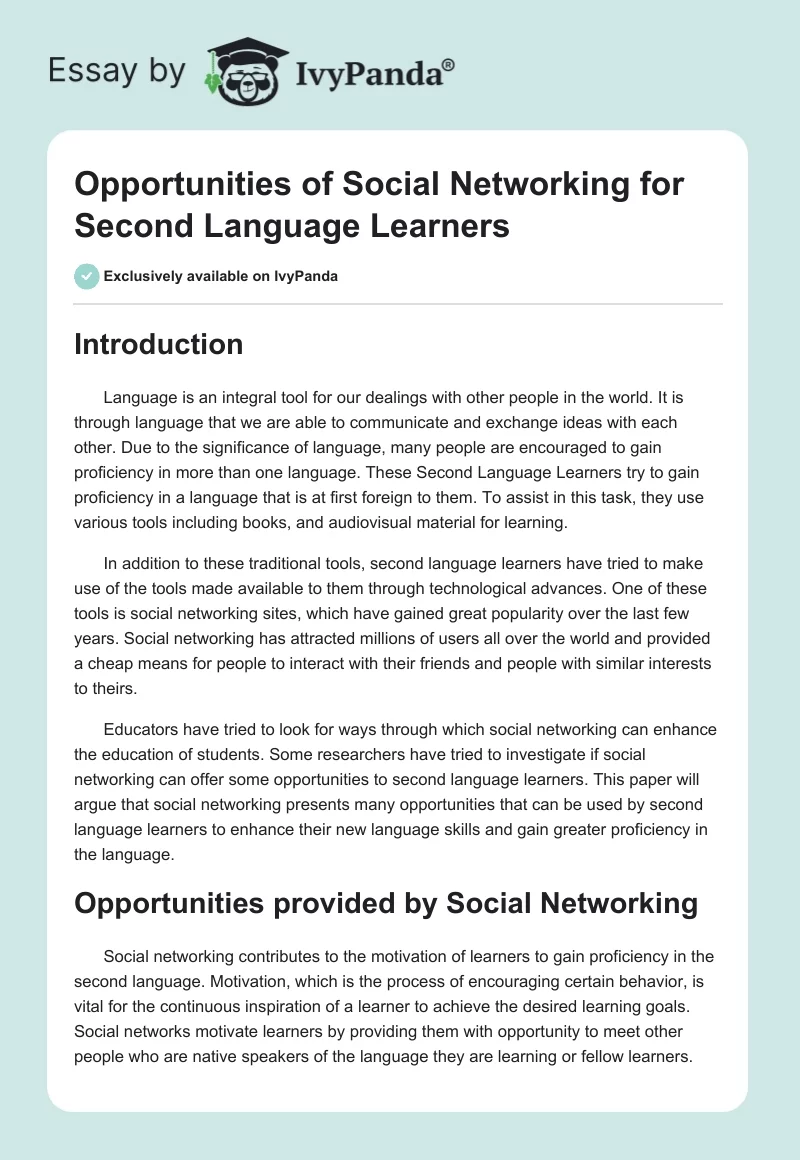 Opportunities of Social Networking for Second Language Learners. Page 1