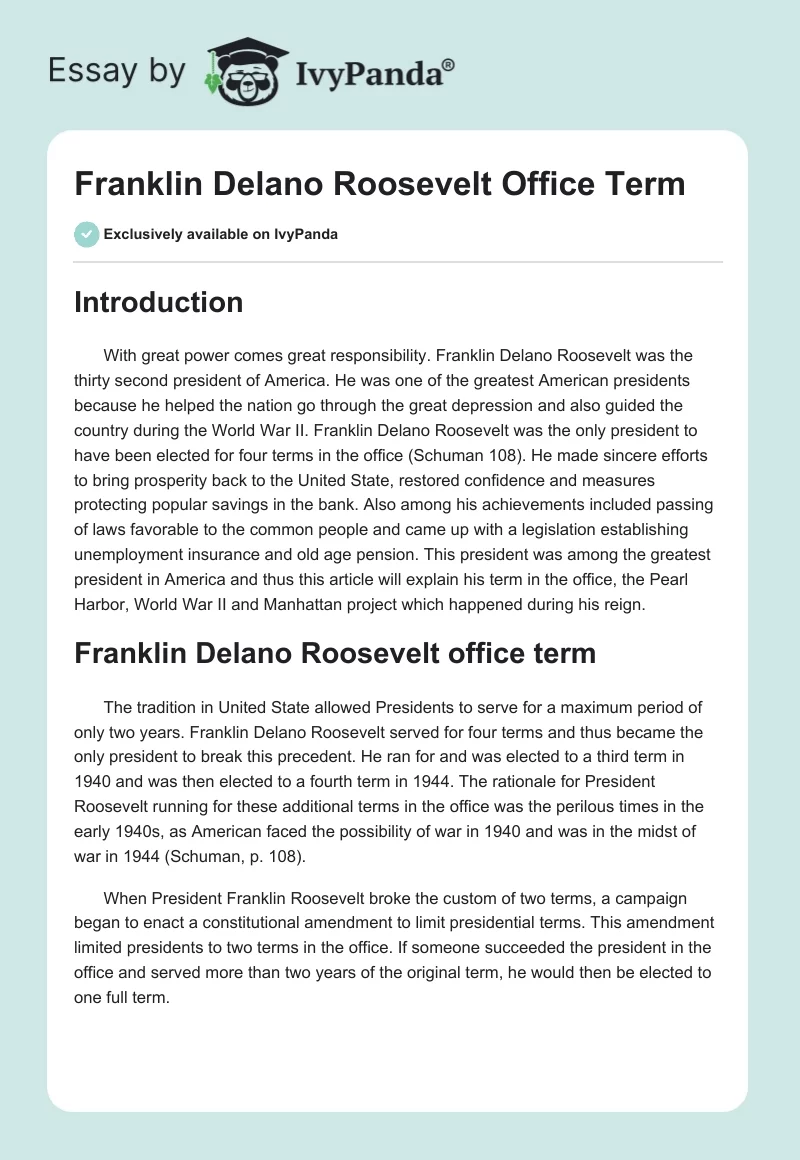 Franklin Delano Roosevelt Office Term. Page 1