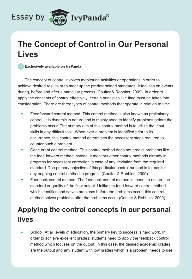 The Concept of Control in Our Personal Lives. Page 1