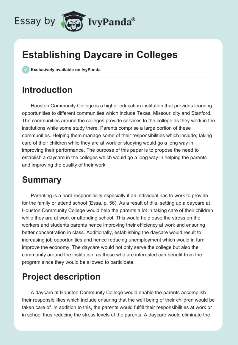 Establishing Daycare in Colleges. Page 1