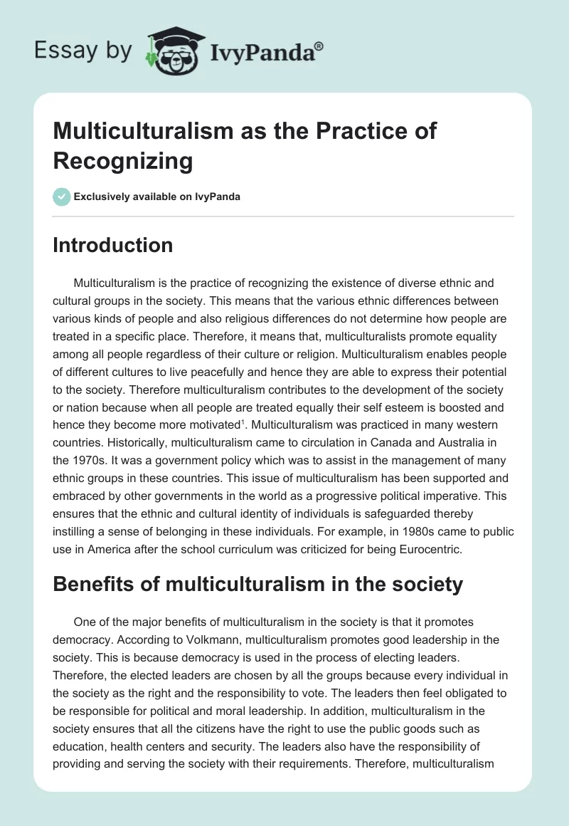 Multiculturalism as the Practice of Recognizing. Page 1