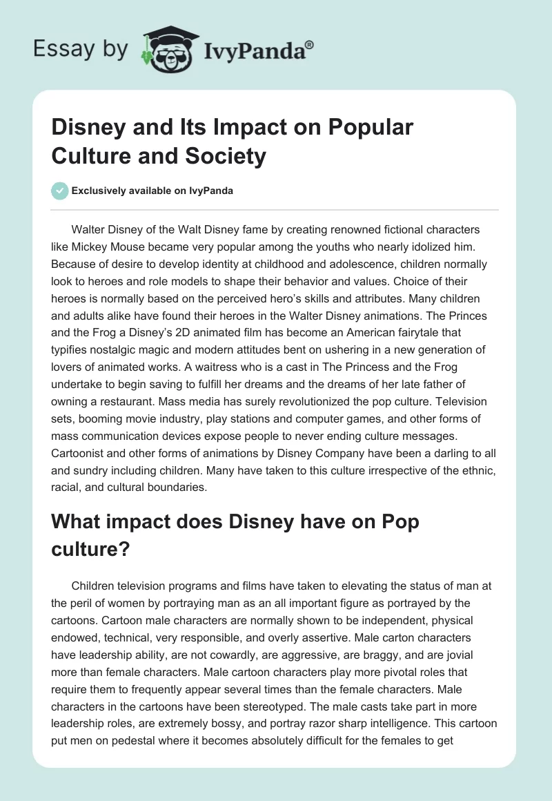 Disney and Its Impact on Popular Culture and Society. Page 1