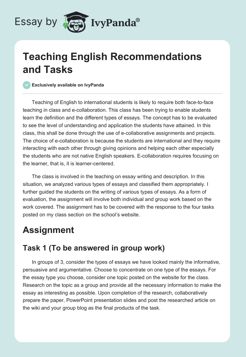 Teaching English Recommendations and Tasks. Page 1