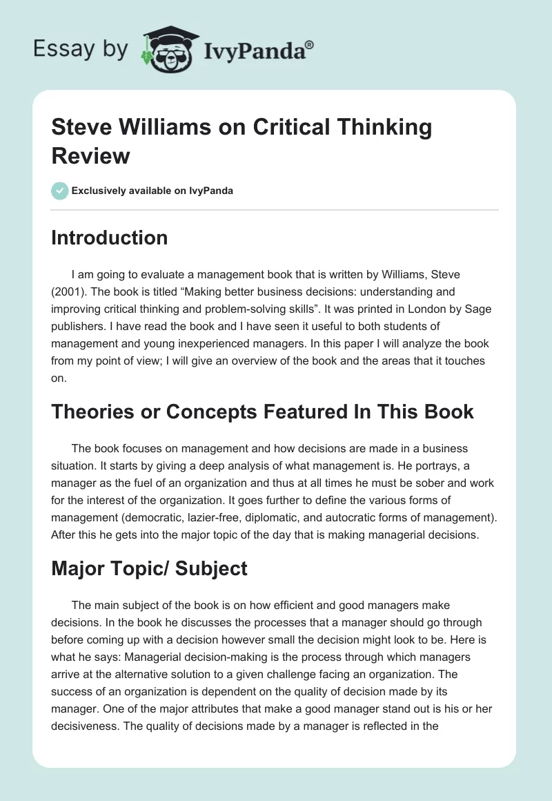 Steve Williams on Critical Thinking Review. Page 1