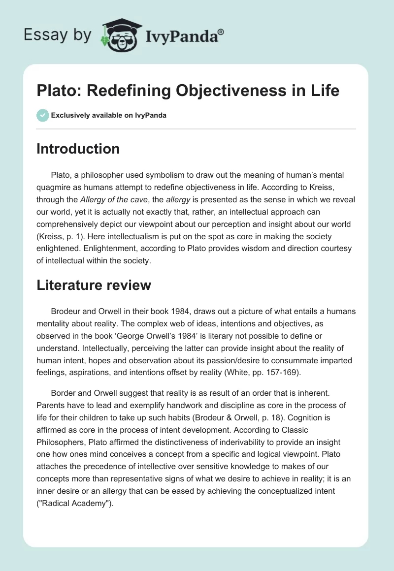 Plato: Redefining Objectiveness in Life. Page 1