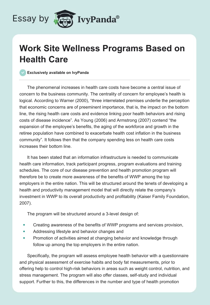 Work Site Wellness Programs Based on Health Care. Page 1