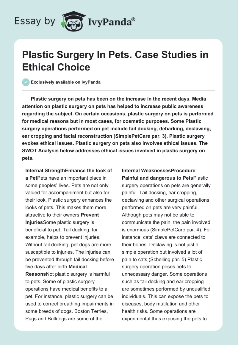 Plastic Surgery In Pets. Case Studies in Ethical Choice. Page 1