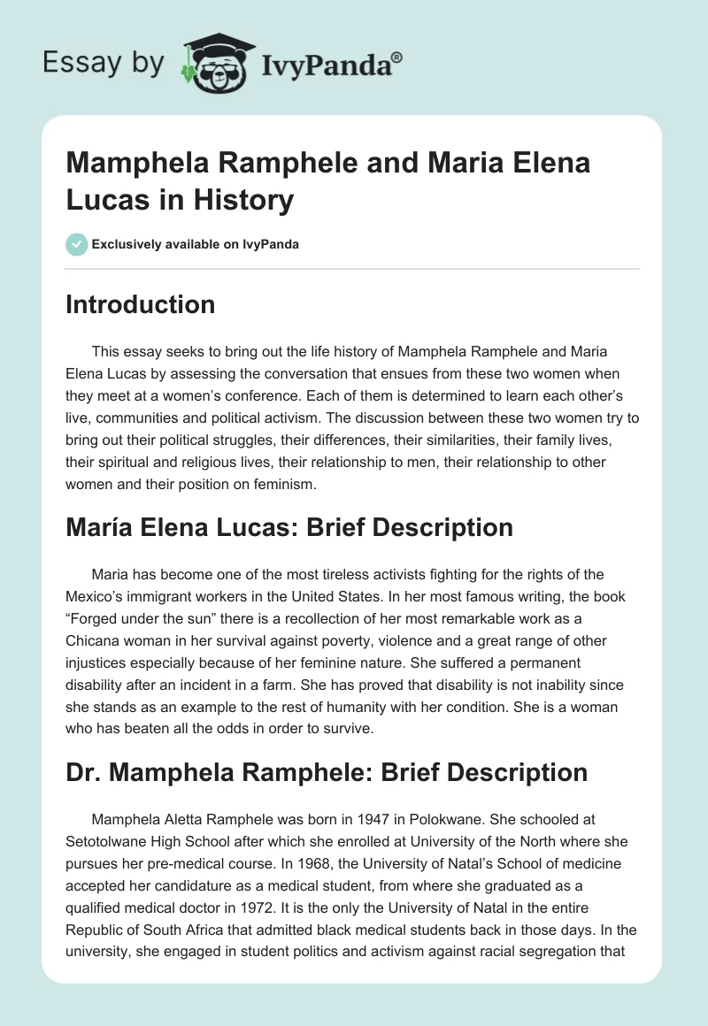 Mamphela Ramphele and Maria Elena Lucas in History. Page 1