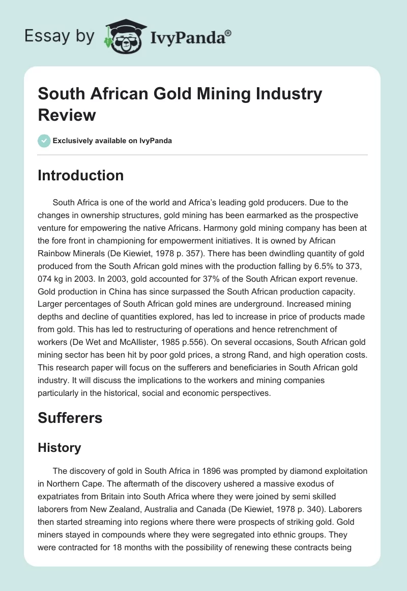 South African Gold Mining Industry Review. Page 1