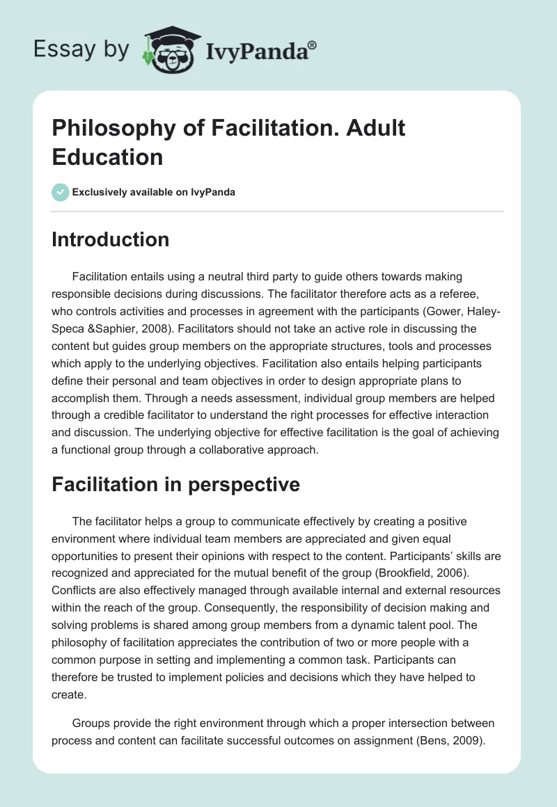 Philosophy of Facilitation. Adult Education. Page 1