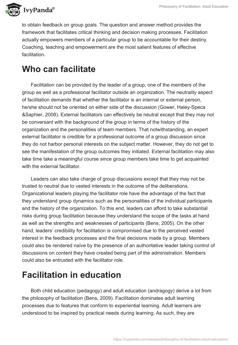 Philosophy of Facilitation. Adult Education. Page 3