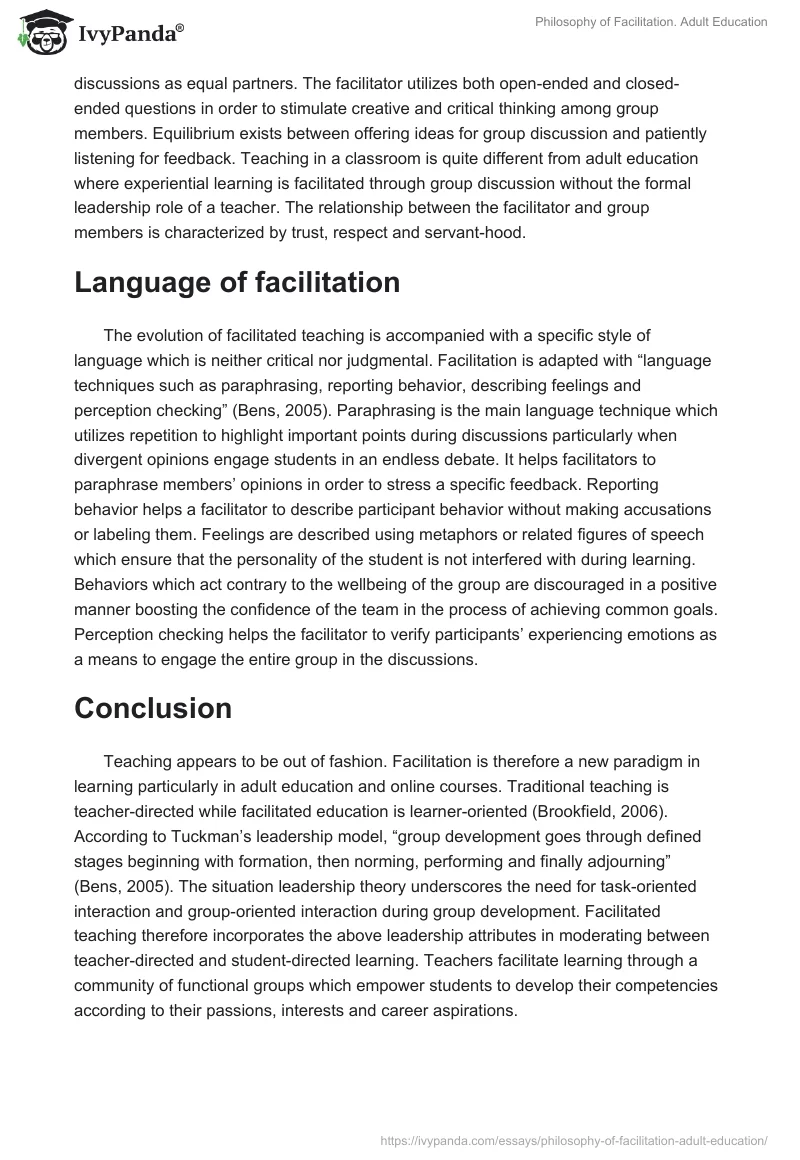 Philosophy of Facilitation. Adult Education. Page 5