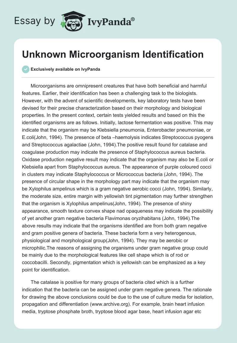 Unknown Microorganism Identification. Page 1