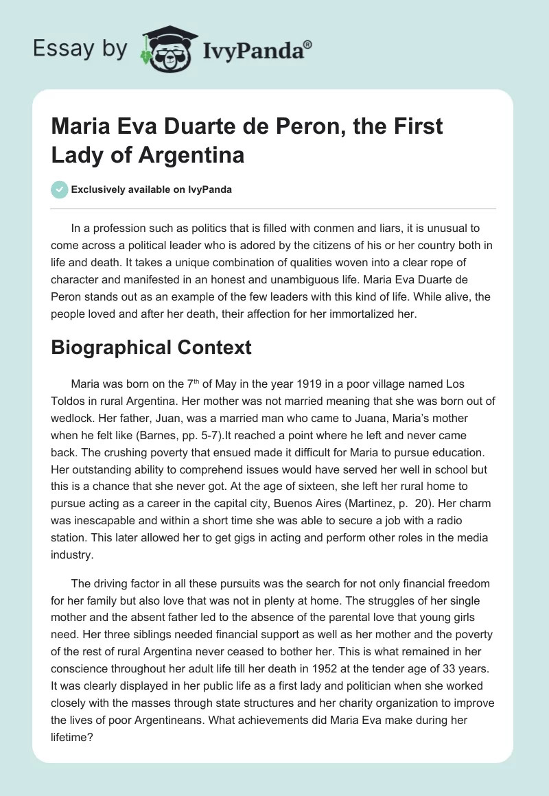 Maria Eva Duarte de Peron, the First Lady of Argentina. Page 1