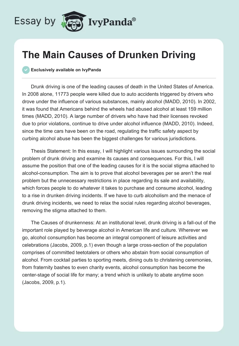 The Main Causes of Drunken Driving. Page 1