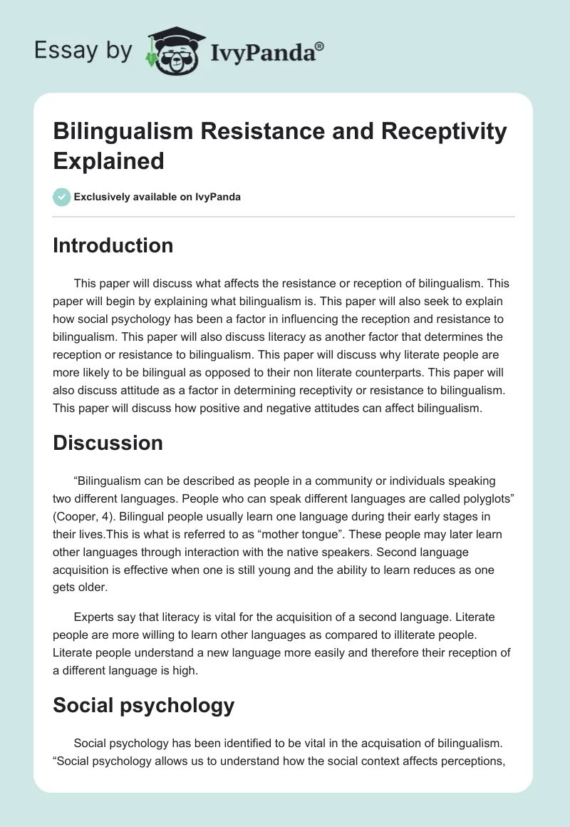Bilingualism Resistance and Receptivity Explained. Page 1