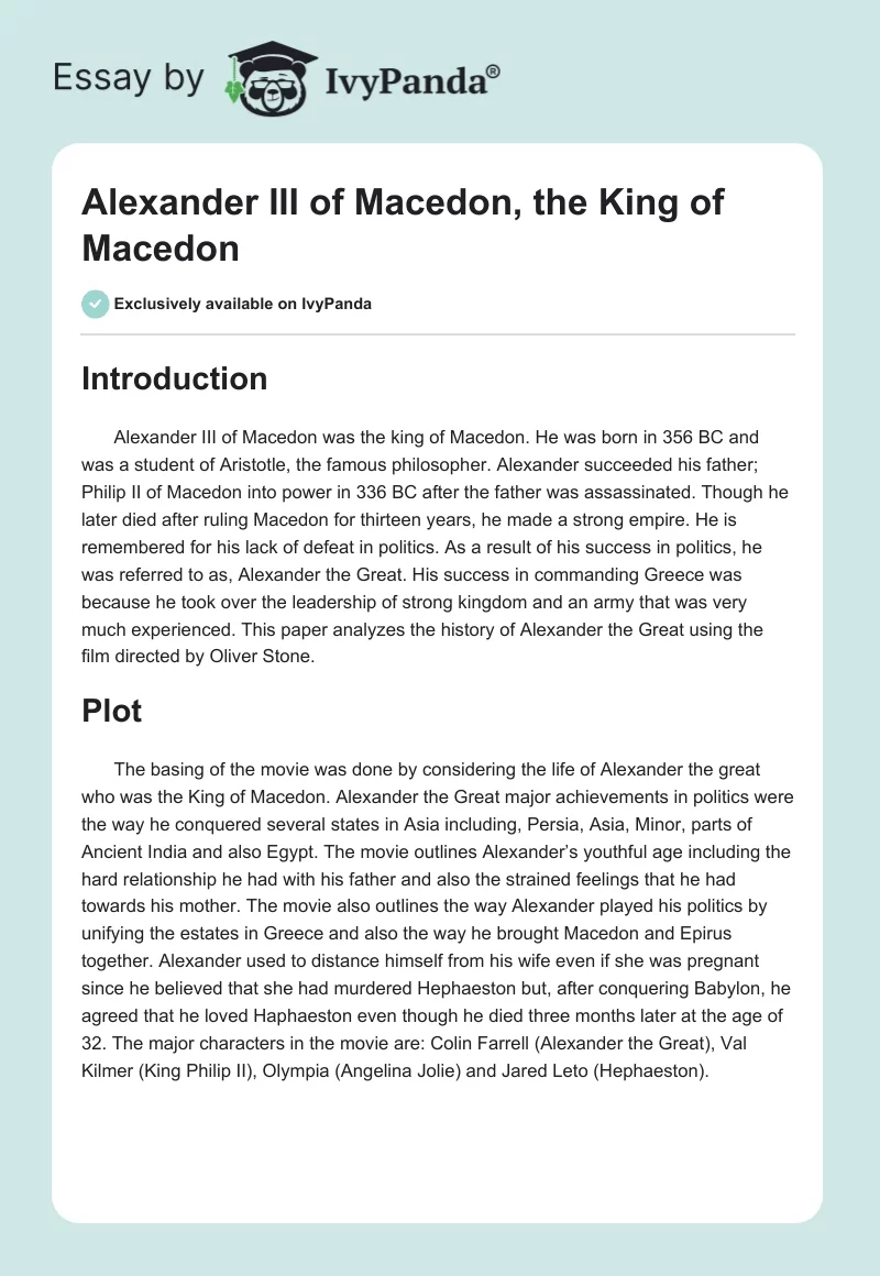 Alexander III of Macedon, the King of Macedon. Page 1