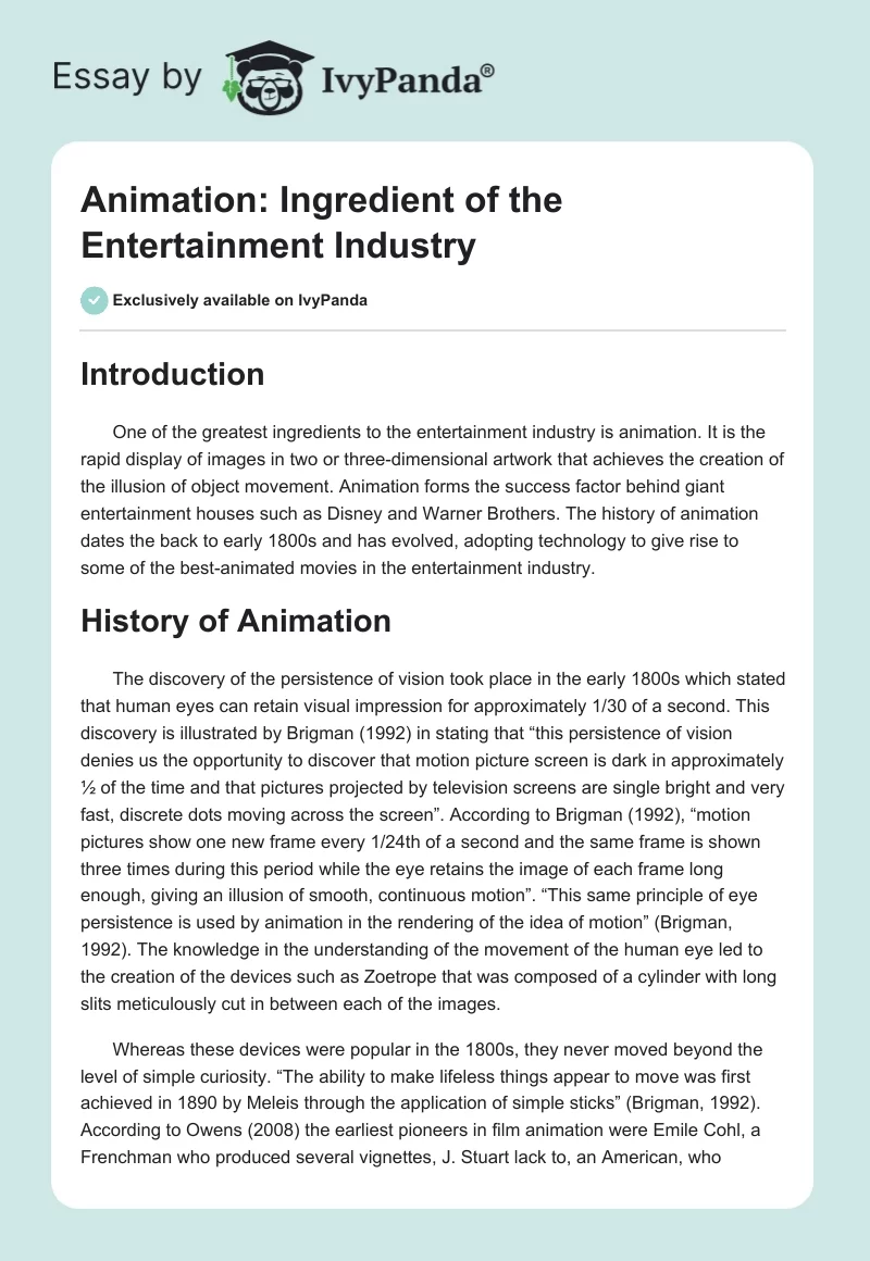 Animation: Ingredient of the Entertainment Industry. Page 1