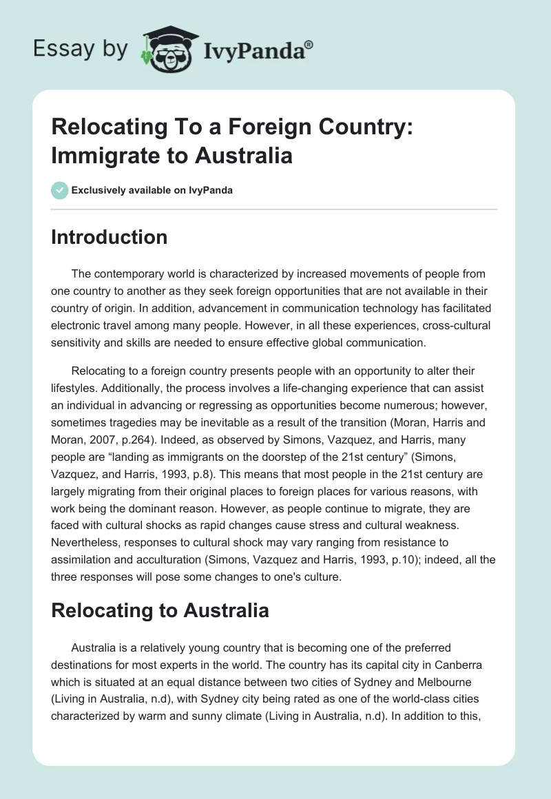 Relocating To a Foreign Country: Immigrate to Australia. Page 1