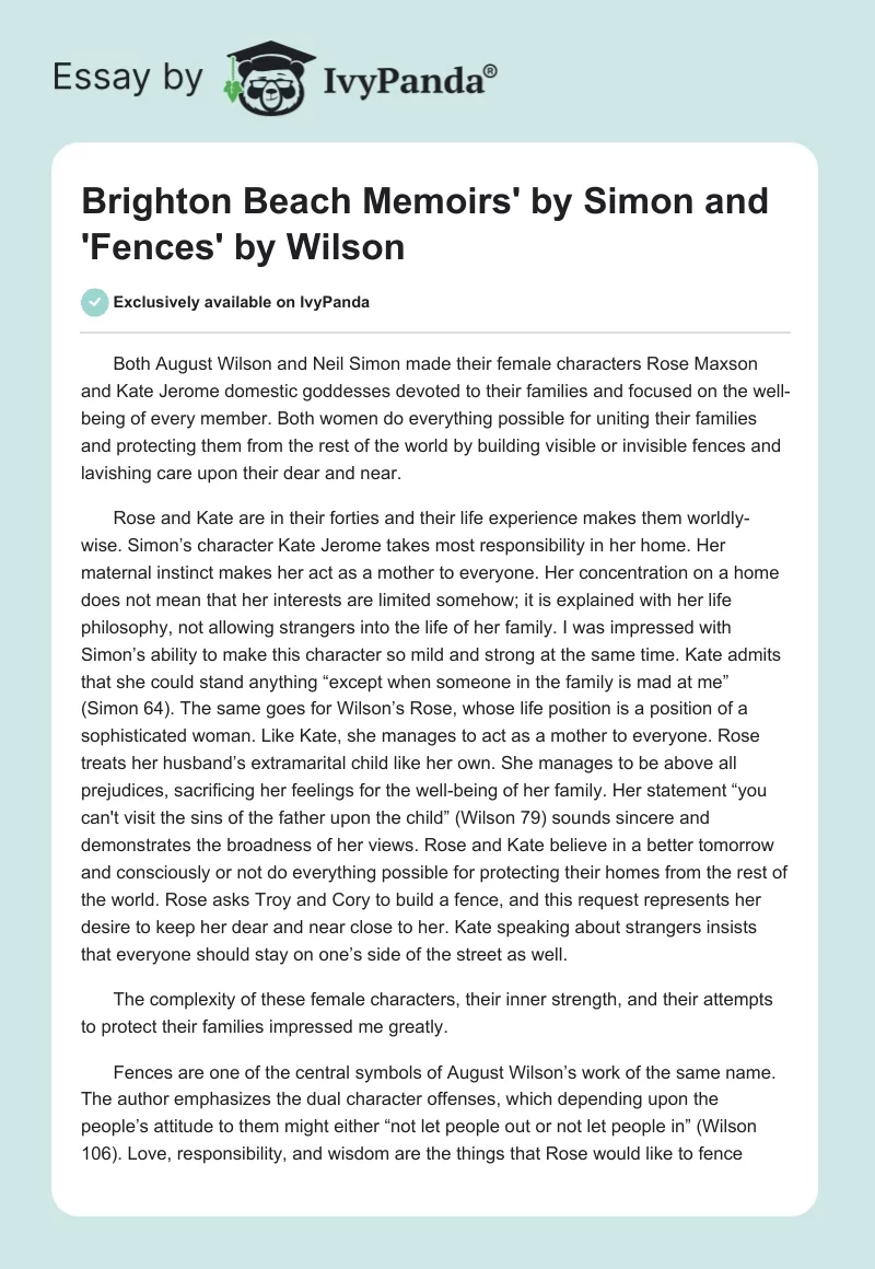 Brighton Beach Memoirs' by Simon and 'Fences' by Wilson. Page 1