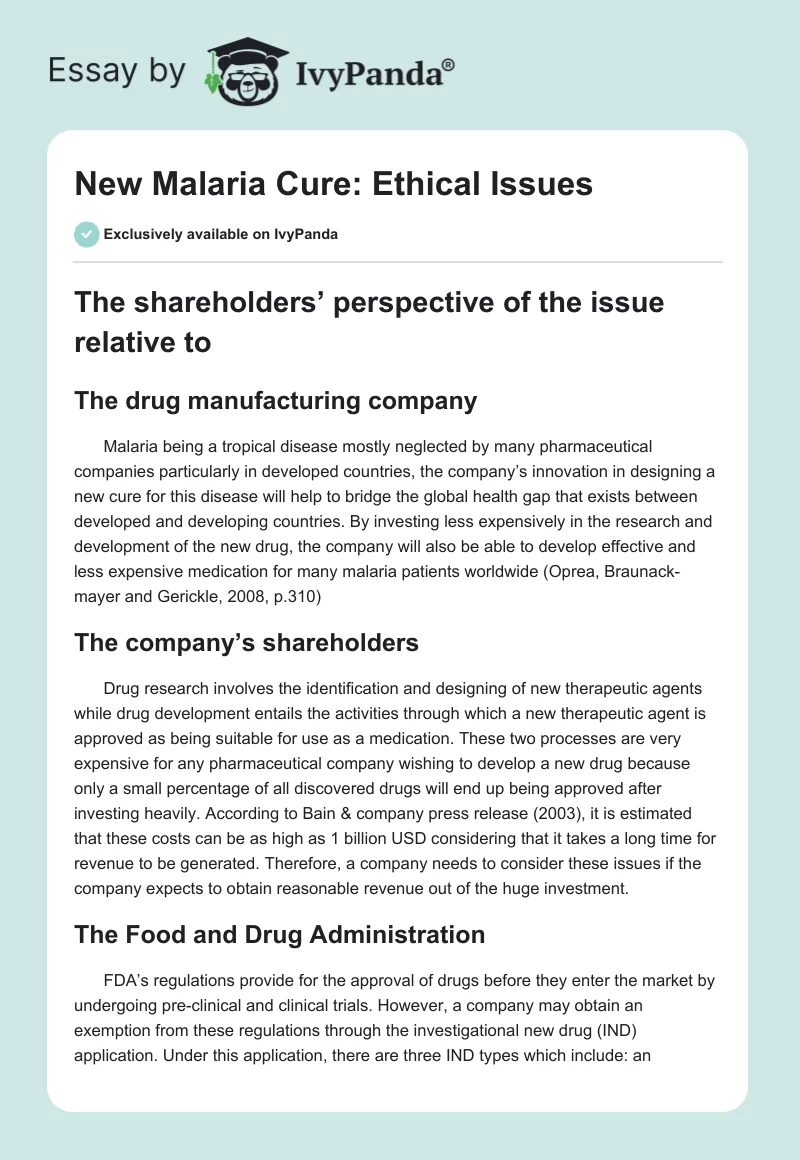 New Malaria Cure: Ethical Issues. Page 1