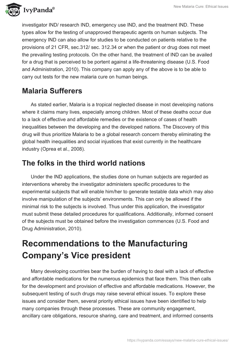 New Malaria Cure: Ethical Issues. Page 2