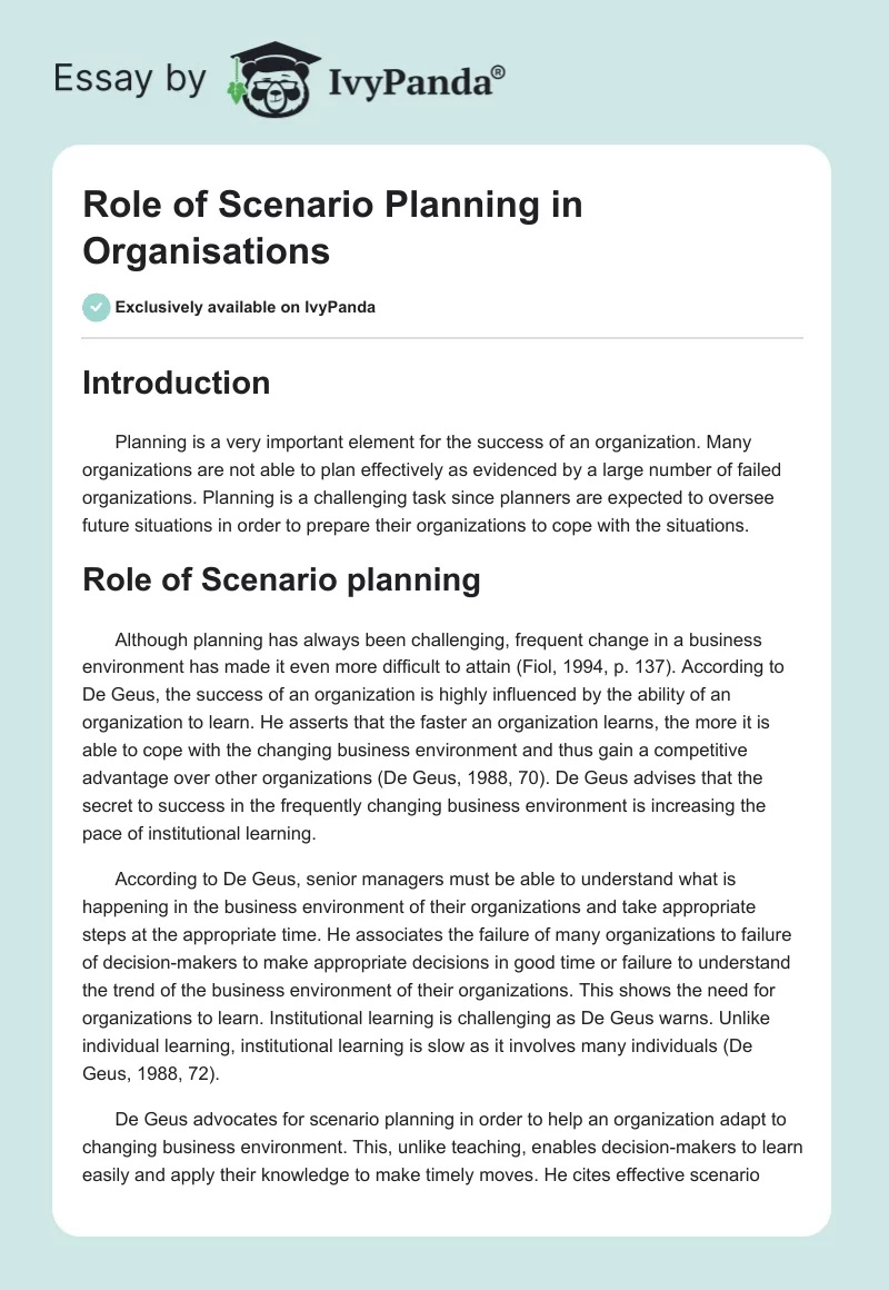 Role of Scenario Planning in Organisations. Page 1