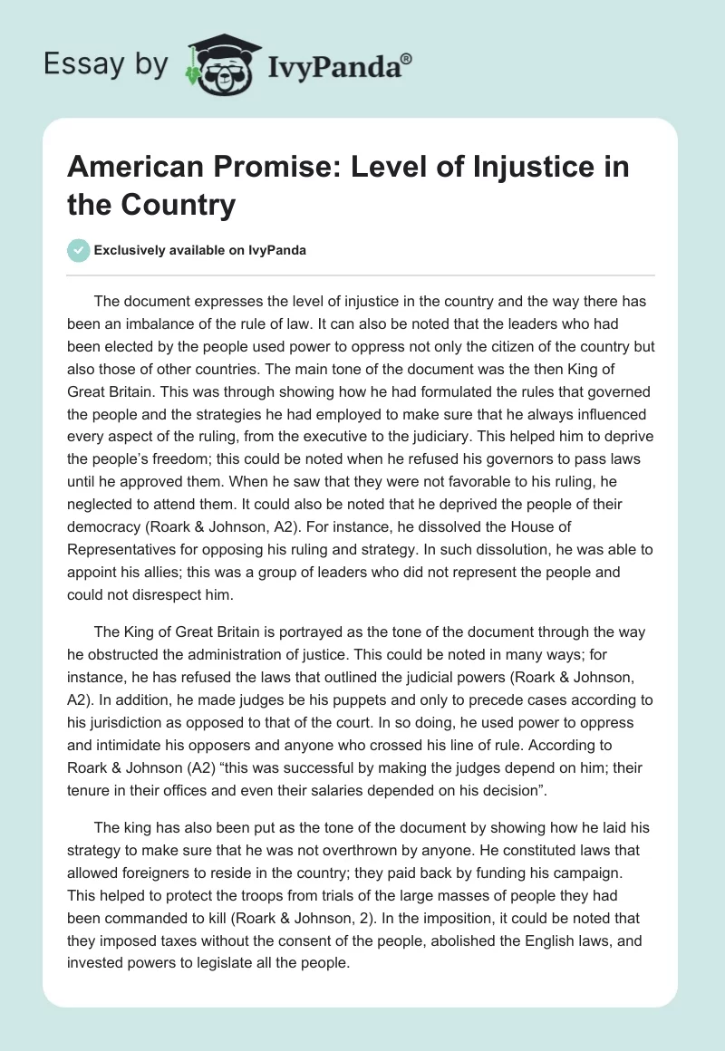 American Promise: Level of Injustice in the Country. Page 1