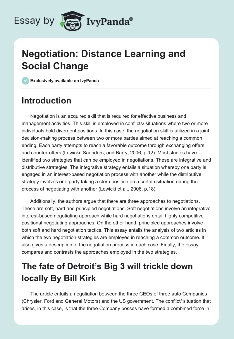 Negotiation: Distance Learning and Social Change. Page 1