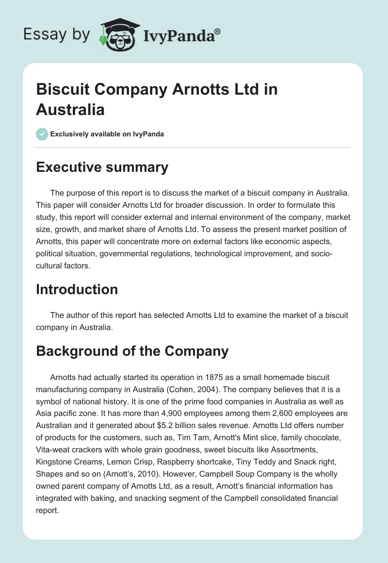 Biscuit Company Arnotts Ltd in Australia. Page 1