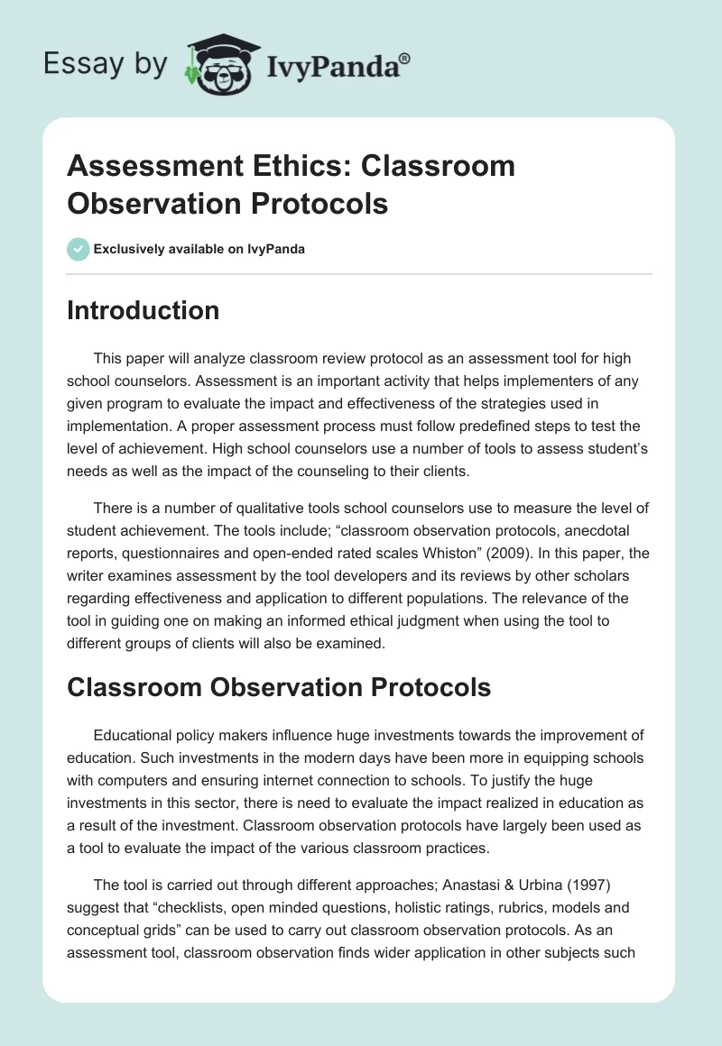 Assessment Ethics: Classroom Observation Protocols. Page 1