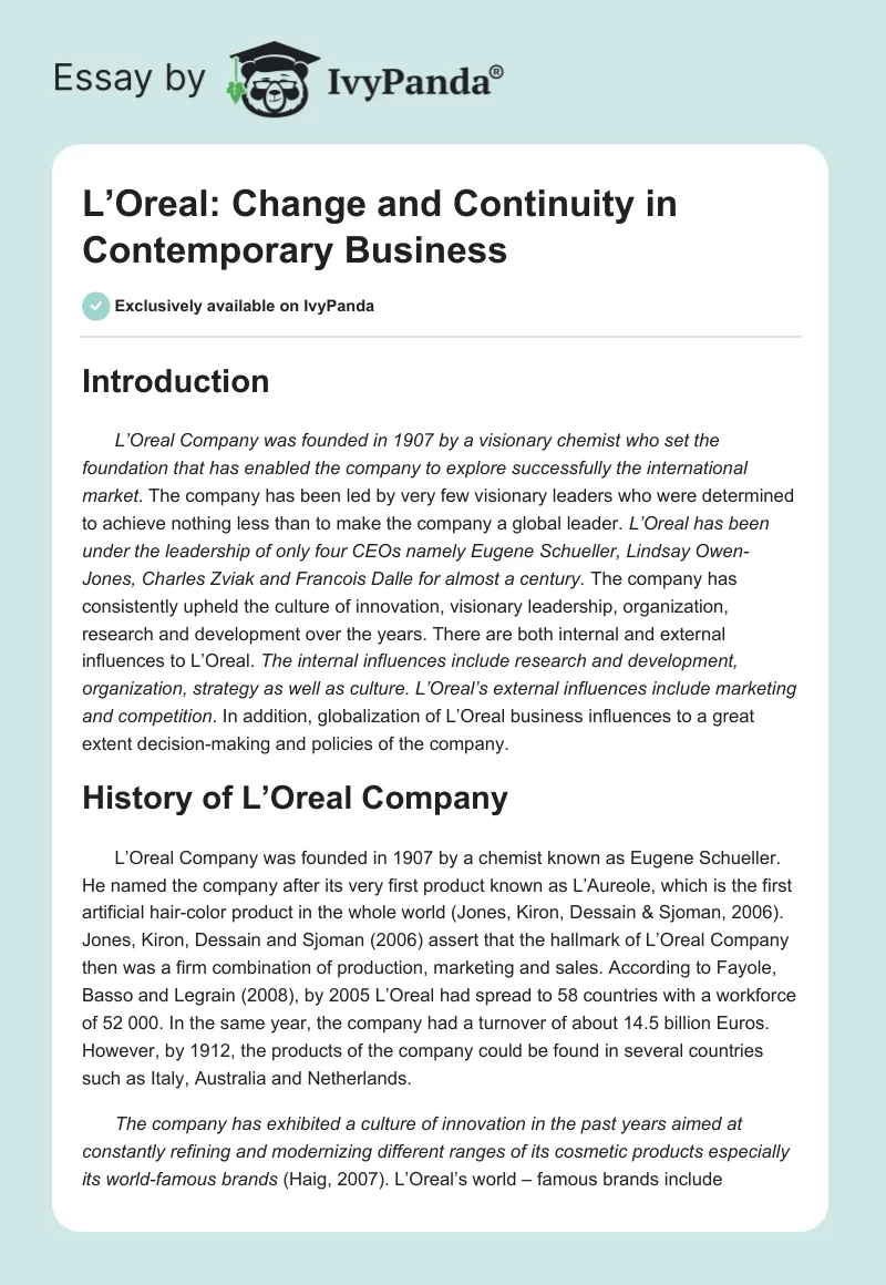 L’Oreal: Change and Continuity in Contemporary Business. Page 1