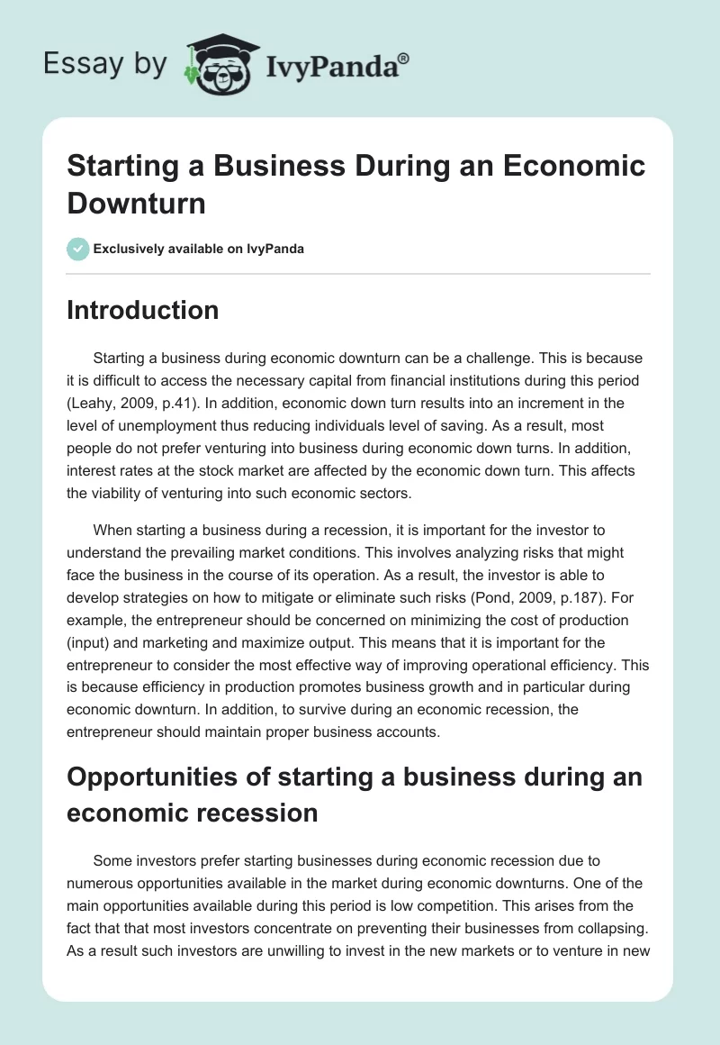 Starting a Business During an Economic Downturn. Page 1