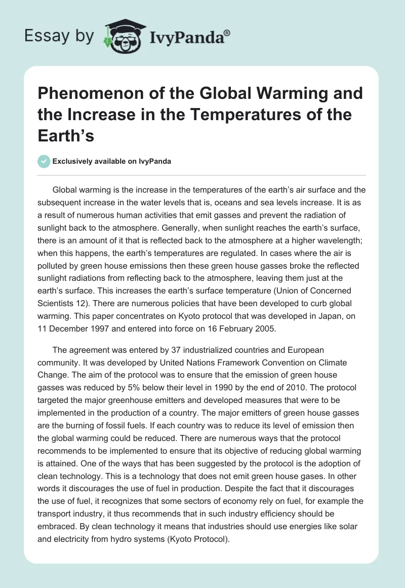 Phenomenon of the Global Warming and the Increase in the Temperatures of the Earth’s. Page 1