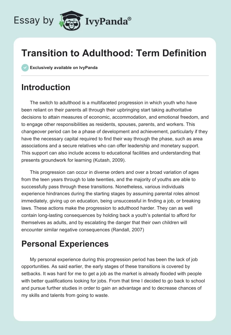 Transition to Adulthood: Term Definition. Page 1