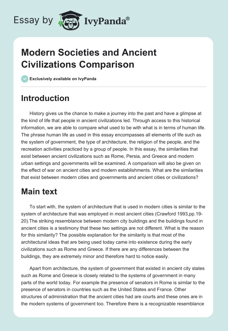 Modern Societies and Ancient Civilizations Comparison. Page 1